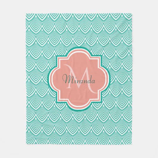 Blauwgroen groene kunst deco vis roze monogram naa fleece deken (Voorkant)