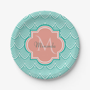 Blauwgroen groene kunst deco vis roze monogram naa papieren bordje