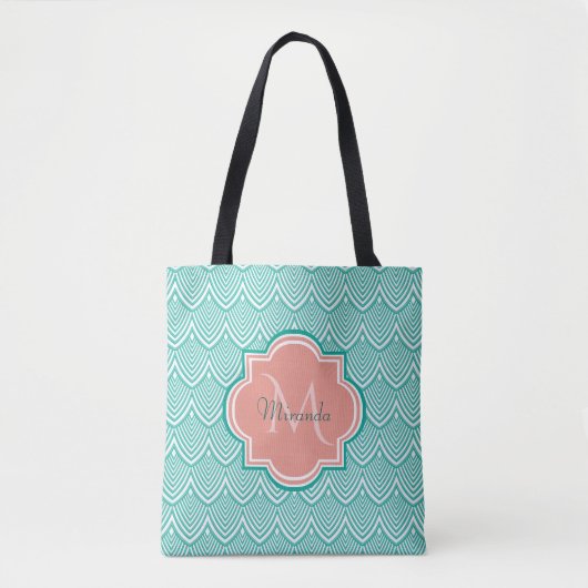Blauwgroen groene kunst deco vis roze monogram naa tote bag (Voorkant)
