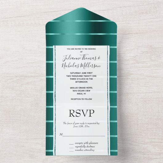 Blauwgroen groene lint bruiloft all in one uitnodiging (Binnen)