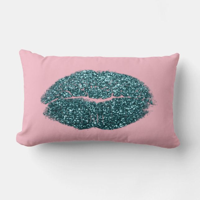 Blauwgroen groene lippen glitter pastel roze beaut kussen (Voorkant)
