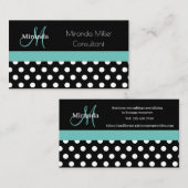 Blauwgroen groene monogram zwarte witte poladot visitekaartje (Voorkant / Achterkant)