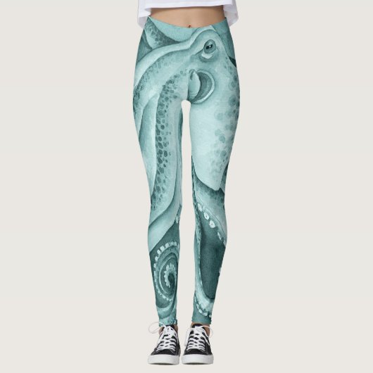 Blauwgroen groene octopus-Waterverf Leggings (Voorkant)
