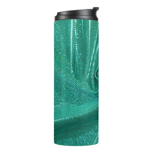 Blauwgroen groene pailletten glitter stof look thermosbeker (Gedraaid links)
