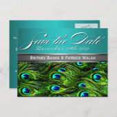 Blauwgroen & groene pauw bruiloft Save the Dates Aankondigingskaart (Voorkant / Achterkant)