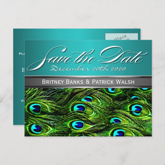 Blauwgroen & groene pauw bruiloft Save the Dates Aankondigingskaart (Voorkant / Achterkant)