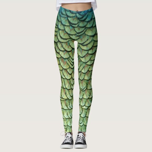 Blauwgroen groene pauwenveer zeemeermin schalen Le Leggings (Voorkant)