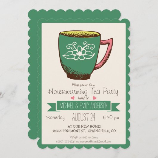 Blauwgroen groene & roze Retro Housewarming Tea Pa Kaart (Voorkant / Achterkant)