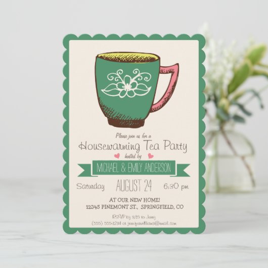 Blauwgroen groene & roze Retro Housewarming Tea Pa Kaart (Staand voorkant)