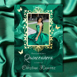 Blauwgroen groene Rozen, Gold Butterflies Quincean Folie Uitnodiging<br><div class="desc">Elegante blauwgroen groene Quinceañera uitnodiging met echte gouden folie vlinders heeft een decoratief foto lijst voor uw verde Mis Quince jurk foto. Verander gouden folie in andere metaalopties. Vlinders kunnen eenvoudig worden aangepast en verplaatst. De grillige groene en gouden sjabloon van het vlinderontwerp is gemakkelijk aan te passen. Upload een...</div>