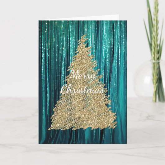 Blauwgroen Groene Tinsel Gouden Glitter Kerstboom Kaart (Voorkant)