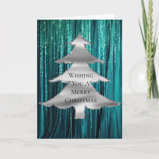 Blauwgroen Groene Tinsel Zilveren Kerstboom Kaart (Voorkant)