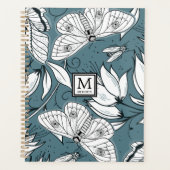 Blauwgroen groene vlinderbloemmonogrammen planner (Voorkant)