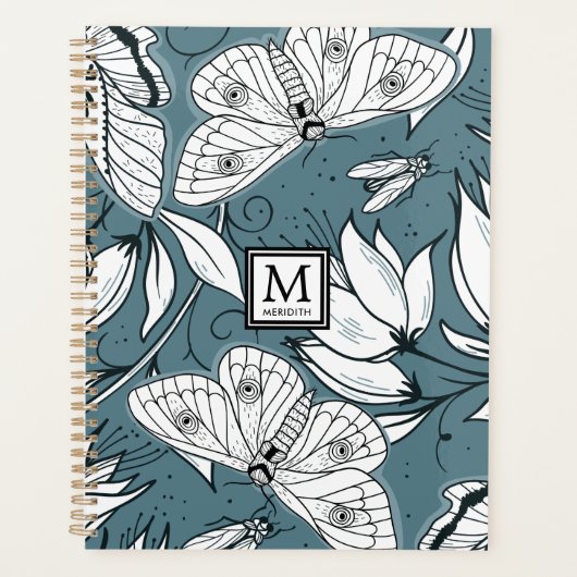 Blauwgroen groene vlinderbloemmonogrammen planner (Voorkant)