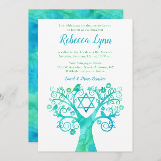 Blauwgroen groene Waterverf Bat Mitzvah Kaart (Voorkant / Achterkant)