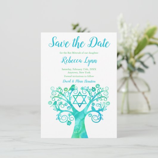 Blauwgroen groene Waterverf Bat Mitzvah Save The Date (Staand voorkant)