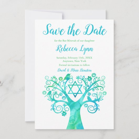 Blauwgroen groene Waterverf Bat Mitzvah Save The Date (Voorkant)