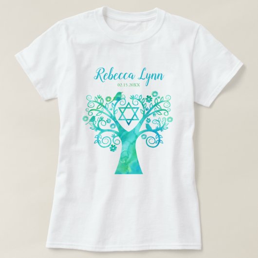 Blauwgroen groene Waterverf Bat Mitzvah T-shirt (Design voorkant)