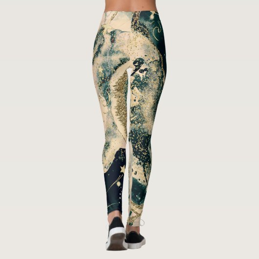 Blauwgroen groene Waterverf Cosmic Galaxy Sparkle Leggings (Achterkant)