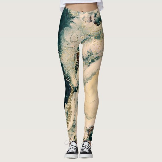 Blauwgroen groene Waterverf Cosmic Galaxy Sparkle Leggings (Voorkant)