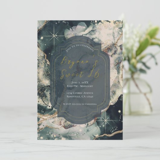 Blauwgroen groene Waterverf Gold Celestial Sweet 1 Kaart (Staand voorkant)