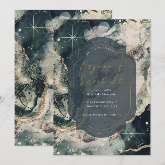 Blauwgroen groene Waterverf Gold Celestial Sweet 1 Kaart (Voorkant / Achterkant)