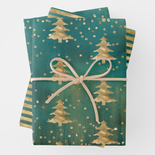 Blauwgroen groene Waterverf Gold kerstboom   Inpakpapier Vel (In situ)