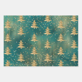 Blauwgroen groene Waterverf Gold kerstboom   Inpakpapier Vel