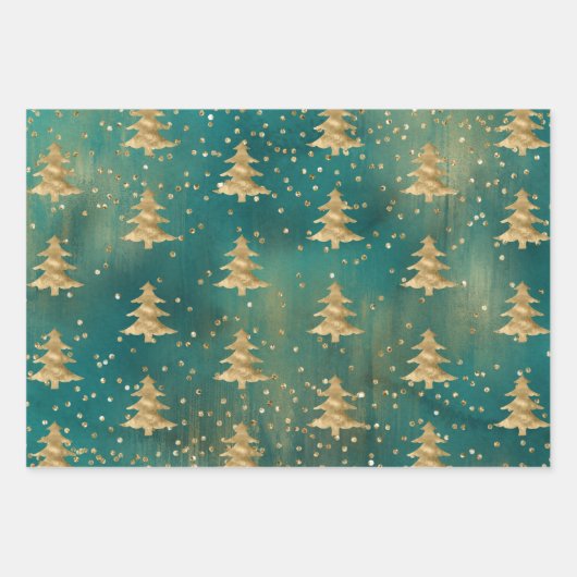 Blauwgroen groene Waterverf Gold kerstboom   Inpakpapier Vel (Voorkant)