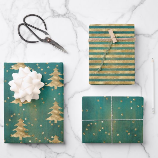 Blauwgroen groene Waterverf Gold kerstboom   Inpakpapier Vel (Voorkant)