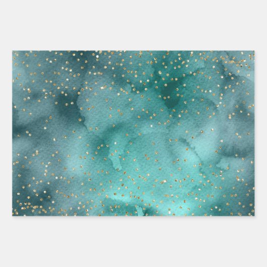  Blauwgroen groene Waterverf met gouden kerstbomen Inpakpapier Vel (Voorkant 3)
