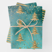  Blauwgroen groene Waterverf met gouden kerstbomen Inpakpapier Vel (In situ)