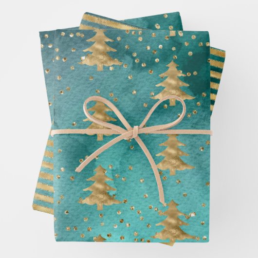  Blauwgroen groene Waterverf met gouden kerstbomen Inpakpapier Vel (In situ)