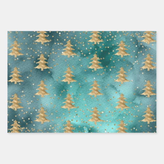  Blauwgroen groene Waterverf met gouden kerstbomen Inpakpapier Vel (Voorkant)