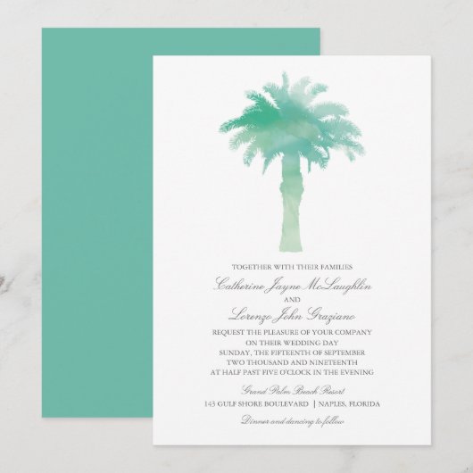 Blauwgroen groene Waterverf palmbomen bruiloft Kaart (Voorkant / Achterkant)