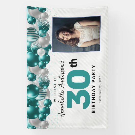 Blauwgroen Groene Zilveren Ballon Glitter Foto Wel Spandoek (Verticaal)