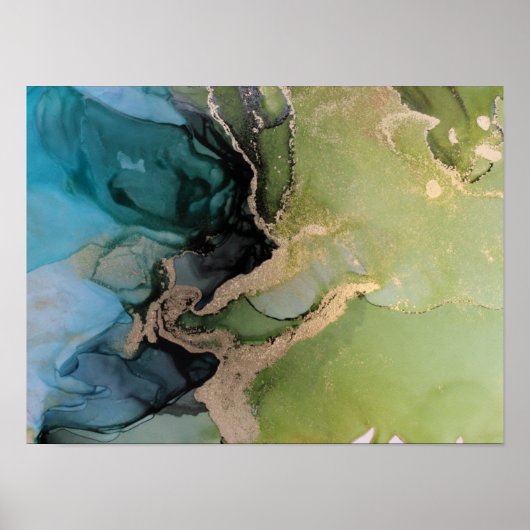 Blauwgroen groene zwarte goudkleurige Abstracte al Poster (Voorkant)