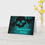 Blauwgroen Halloweenverjaardag Kaart (Gele Bloem)