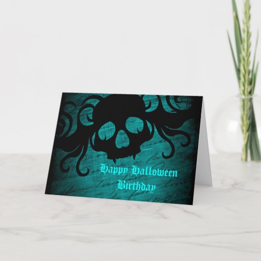 Blauwgroen Halloweenverjaardag Kaart (Voorkant)