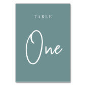 Blauwgroen hand Scripted Table ONE Table Number Kaart (Voorkant)