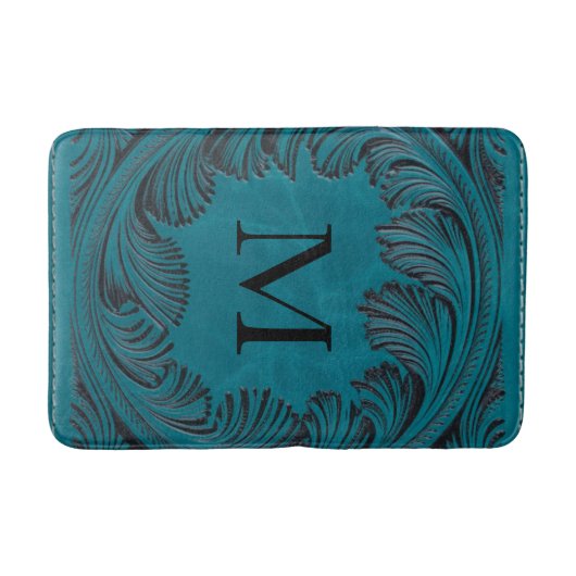 Blauwgroen Handgemaakte Faux Leather Westerne Bloe Badmat (Voorkant)