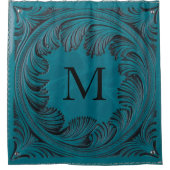Blauwgroen Handgemaakte Faux Leather Westerne Bloe Douchegordijn (Voorkant)