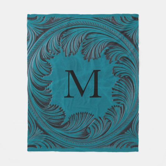 Blauwgroen Handgemaakte Faux Leather Westerne Bloe Fleece Deken (Voorkant)