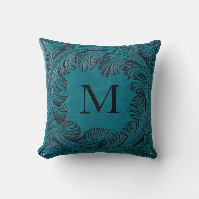 Blauwgroen Handgemaakte Faux Leather Westerne Bloe Kussen (Voorkant)