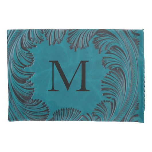 Blauwgroen Handgemaakte Faux Leather Westerne Bloe Kussensloop (Voorkant)