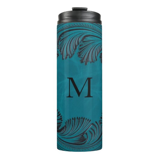 Blauwgroen Handgemaakte Faux Leather Westerne Bloe Thermosbeker (Voorkant)