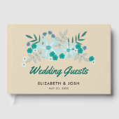 Blauwgroen handgetekende bloemen, bruiloft gastenboek (Voorkant)