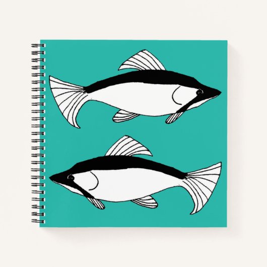 Blauwgroen handgetekende viszalm notitieboek (Voorkant)