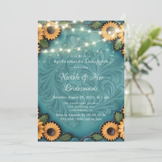 Blauwgroen Handleer Zonnebloem Bruidsmeisjes Lunch Kaart (Staand voorkant)