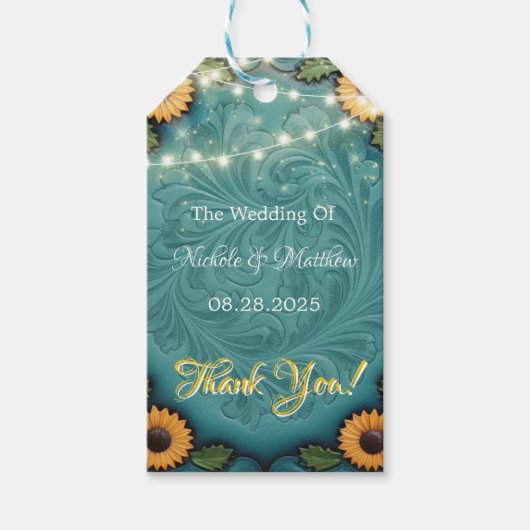 Blauwgroen Handleer Zonnebloem bruiloft Dank u Cadeaulabel (Voorkant)